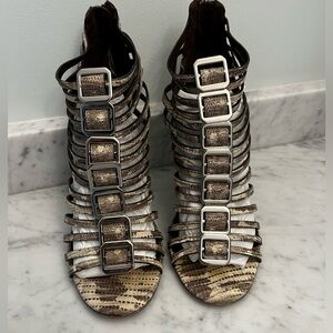 TORY BURCH Cuba Metallic Exotic Lizard Print Strappy High Heel, Size 9